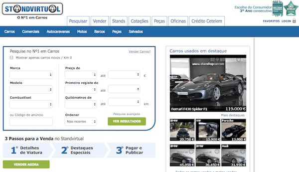 The recommended website for car searching in Portugal
